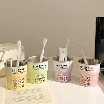 小狗家族卡通304洗漱階梯漱口杯高顏值情侶家用可愛刷牙不銹鋼杯