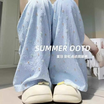 🚀台灣出貨+虧本衝評🚀日本🇯🇵 波點藍色闊腿褲女夏季新款bf風休閑高腰垂感小個子薄款冰絲山本褲