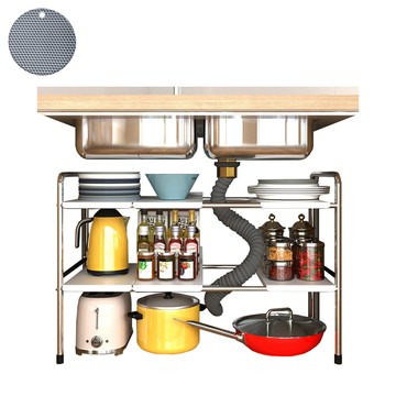 MDUMARKET 高級大型寬度高度可調式水槽下櫥櫃收納架 + 鍋墊組合  1套  大型  白色