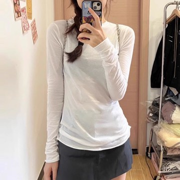 衣時尚 上衣 長袖T卹 打底衫 素色上衣 S-XL新款捲邊長袖薄款微透性感外搭罩衫修身上衣6182.