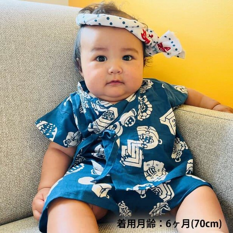 手ぬぐい赤ちゃん甚平 ネコ市松 子供 男の子 女の子 6ヶ月 1歳 出産 