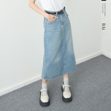 BAi白媽媽 口袋鬚邊牛仔裙／洗水丹寧窄裙S-XL號－【350049】