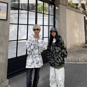 高街雙帽迷彩鯊魚拉鍊外套男小眾設計感長袖上衣男