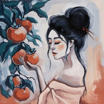 亚洲女人画  柿子原创艺术  秋季艺术品  中国墙艺术