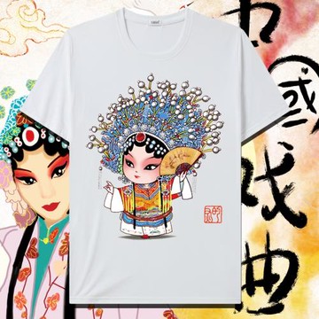 臉譜Q版京劇人物印花夏裝新款純棉t恤衫短袖寬松半袖男女同款