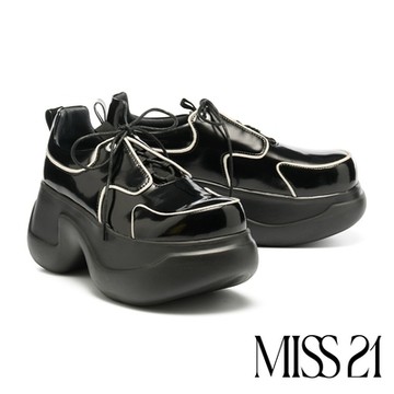 厚底鞋 MISS 21 復古少女率性撞色亮感綁帶大頭超厚厚厚底鞋－黑