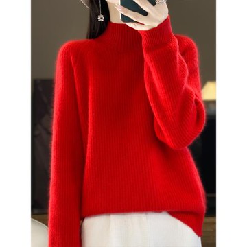 冬季羊絨衫半高領元寶針純色套頭毛衣女寬松慵懶紫色羊毛針織打底