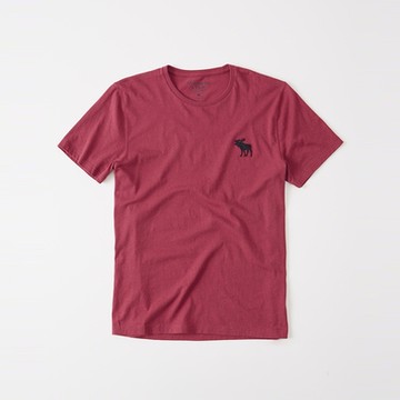 A&F 麋鹿 熱銷刺繡大麋鹿圓領素色短袖T恤-紅色