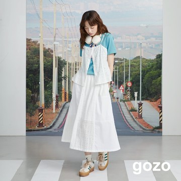 【gozo】蕾絲拼接鬆緊圓裙(黑色/白色_F) | 女裝 修身 百搭