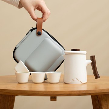 【台灣出貨】陶瓷 便攜旅行茶具 一壺四杯 簡約 戶外露營 喝茶 隨身 快客杯 茶具組 泡茶器 茶杯 批量客製化LOGO