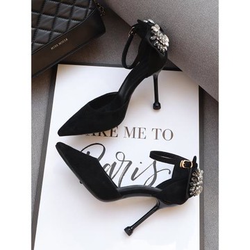 絨面高跟鞋細跟2025春季新款黑色氣質一字扣帶水鉆淺口尖頭單鞋女