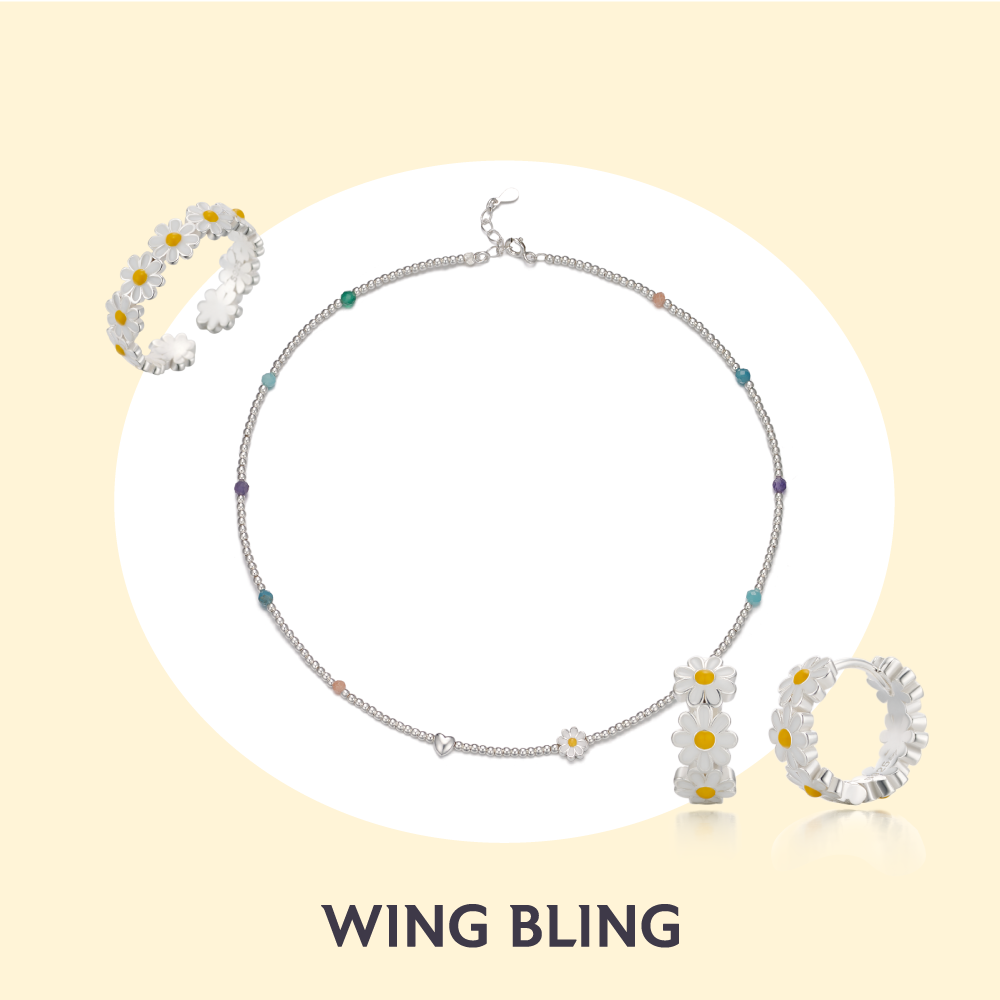 【blank.】WINGBLING 純潔小雛菊套組(925銀 串珠小雛菊項鍊*1+925銀 小雛菊滿圈耳環*1+925銀 小雛菊滿圈戒指*1+禮物盒*1)