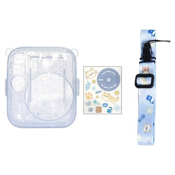HYAN 海恩 適用於拍立得副廠水晶殼 相片袋閃粉殼 + 背帶 + 貼紙 mini13適用 海鹽藍  1套  CAI010
