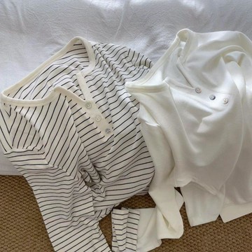 【臺灣出貨】秋冬季德絨新款睡衣女 韓繫條紋慵懶風長袖長褲兩件式 半開襟亨利領家居服 軟糯保暖家居服套裝