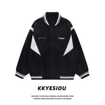 KKyesiou美式復古黑白撞色情侶棒球服男女設計感運動休閑夾克外套