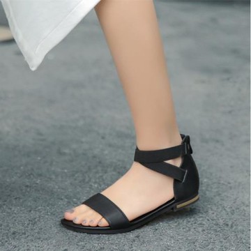 真皮平底涼鞋大碼43 44 45 46碼羅馬鞋學院風后拉鏈松緊帶沙灘鞋