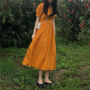 復古過膝山本裙夏季韓國顯瘦后背系帶收腰長裙百搭高腰仙女連衣裙1入