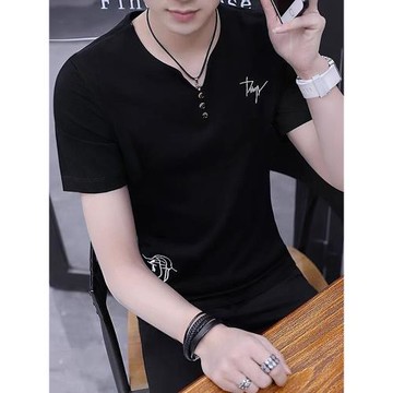 男士短袖t恤純棉v領潮牌修身夏季男裝上衣服冰絲薄款潮流半袖體恤