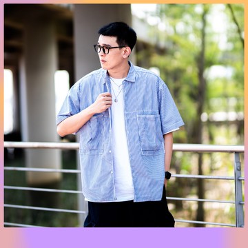 【CLAN】 豎條紋襯衫 日系條紋 寬鬆 復古 多口袋 落肩 短袖襯衫 口袋襯衫 素色 輪廓 休閒 少年感 男女 五分袖