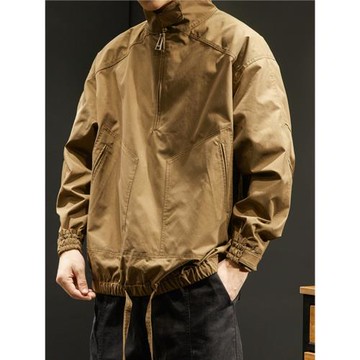 山系復古加絨工裝夾克男潮牌休閑外套男美式大碼半拉鏈套頭沖鋒衣