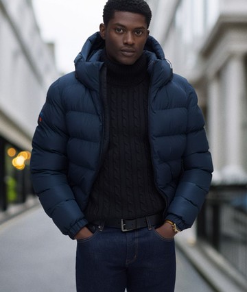 Superdry Men's Hooded Sports Puffer Jacket Navy Size: L