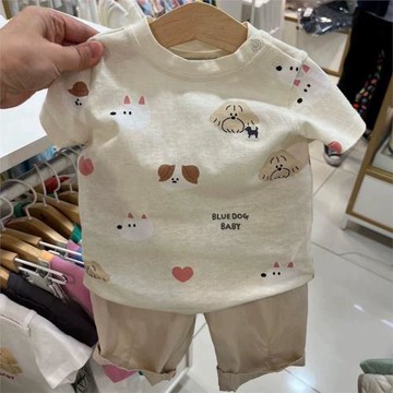韓國童裝 24夏男女寶兒童可愛米色小狗滿印透氣柔軟舒適T恤短袖