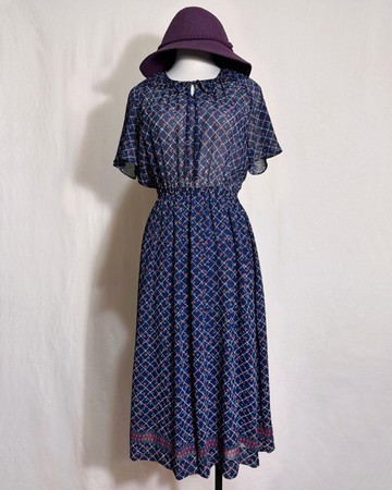 花朵格紋寬袖古著洋裝/ 國外帶回 VINTAGE