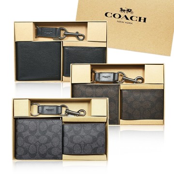COACH 經典LOGO皮革短夾附證件夾+鑰匙圈 禮盒組 (多款可選)