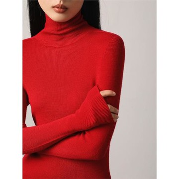 VIMORE未沫100%羊毛針織衫一線成衣高領本命紅春新款修身打底上衣