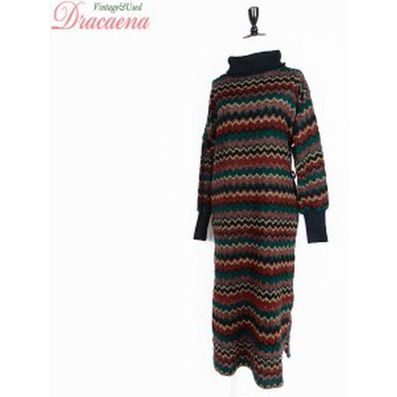 レディース 古着 ワンピース ニットワンピース 総柄 緑 ブラウン ハイネック タートル ゆったりめ L位 古着 通販 Lineポイント最大1 0 Get Lineショッピング