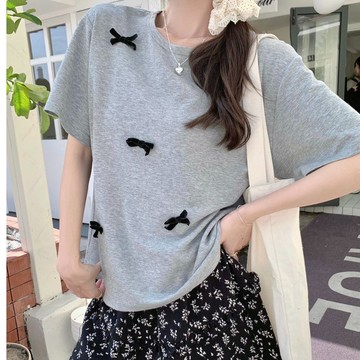 【NZN】純棉圓領短袖t恤女立體蝴蝶結設計寬鬆打底上衣