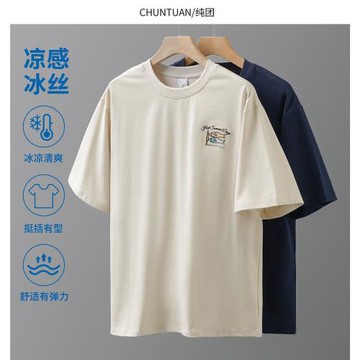 涼感冰絲棉 重磅t恤男短袖夏季2025新款潮牌美式刺繡寬松純棉體恤