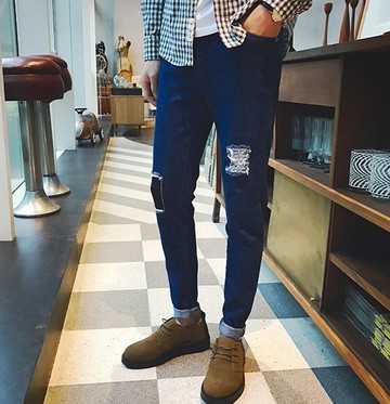 FINDSENSE補丁 破壞牛仔 窄版 好穿 超級彈性 褲子  乞丐 破壞 破褲  加大 尺碼 加肥