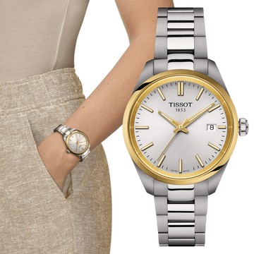 TISSOT 天梭 PR100 經典簡約氣質腕錶/銀X金/34mm/T1502102103100