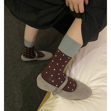【🔥多件多折🔥】秋冬復古ins中筒襪 圓點拚色襪子 堆堆襪 長筒襪 女襪