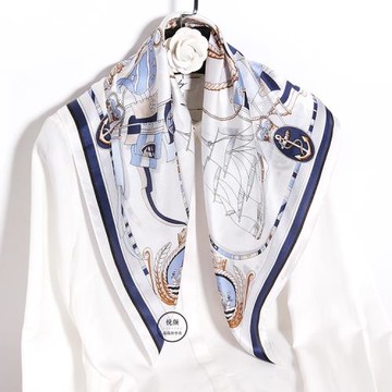 藍白色真絲夏季絲巾女防曬65小方巾披肩薄款百搭桑蠶絲圍巾護脖子