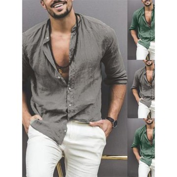 men shirt 2023歐美爆款個性仿棉麻長袖襯衫男薄款休閑寬松襯衣潮