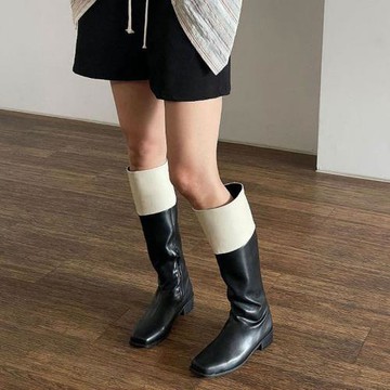 2023年秋冬季不過膝長筒靴女黑白拼接高筒靴復古粗跟方頭瘦腿長靴