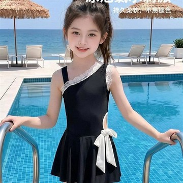 台灣出貨 女童黑色連衣裙風泳衣兒童高級感女孩連體裙子泳裝海邊度假游泳衣 女童泳裝 女童泳衣 女童游泳套裝