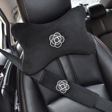 山茶花汽車方向盤套四季通用車用座椅頭枕護頸枕腰靠毛絨套裝