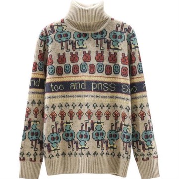 妤居提花卡通高領針織衫毛衣女春秋2025新款寬松外穿打底衫女洋氣