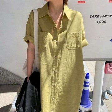 新款翻領單排扣 純色短袖襯衫連衣裙