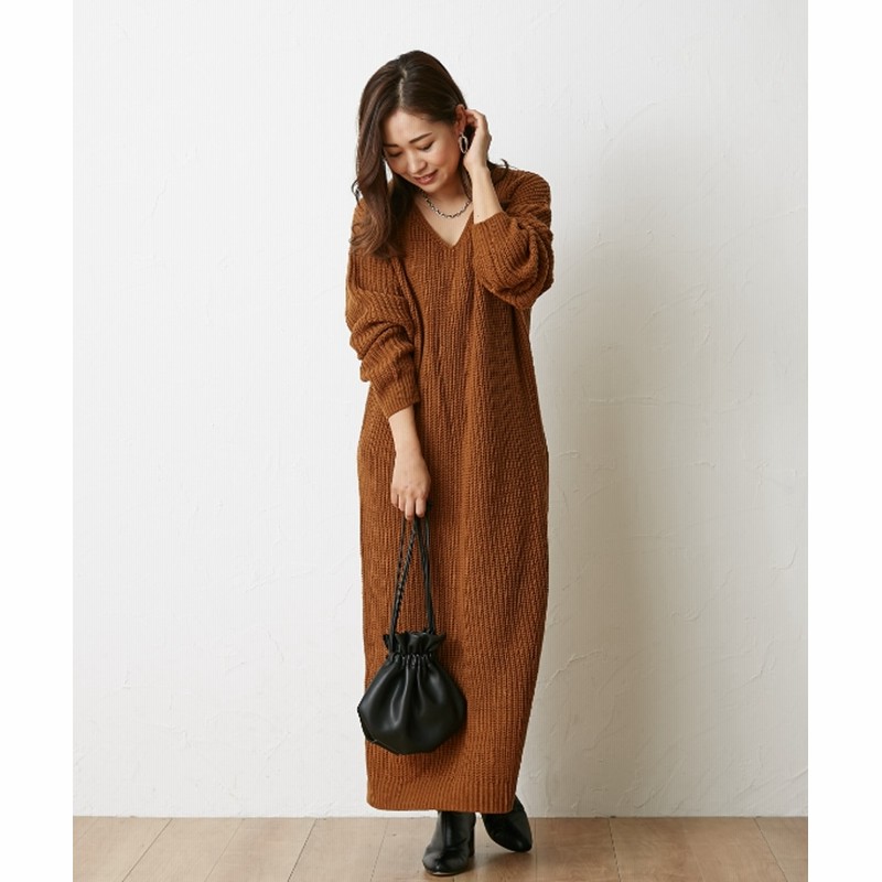 Vネック畔ニットワンピース ロング丈 ワンピース Dress 通販 Lineポイント最大get Lineショッピング