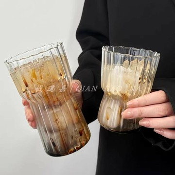 復古小眾輕奢韓式豎條紋耐熱玻璃杯牛奶杯果汁氣泡杯冰美式拿鐵杯