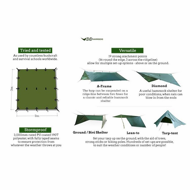 最長60日保証／ DDタープ 3x3 DD Tarp タープ 3×3 高破断強度 カラビナ 