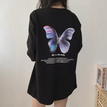Vuja de 純棉 t恤 短袖上衣女 蝴蝶印花 T恤 韓國上衣 oversize T恤 潮流衣服 寬鬆上衣 ins風