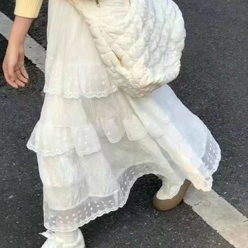 【高級感顯瘦】女裝 甜美蕾絲花邊 拼接 垂感壓褶 蛋糕裙 高級感 氣質 顯高 顯瘦 鬆緊腰 A字裙