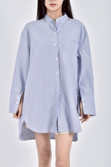 加購優惠(M) 質感條紋長版長袖藍色襯衫上衣