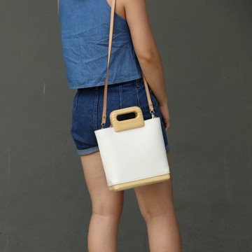 木製方形手提/肩背包 - 白色
