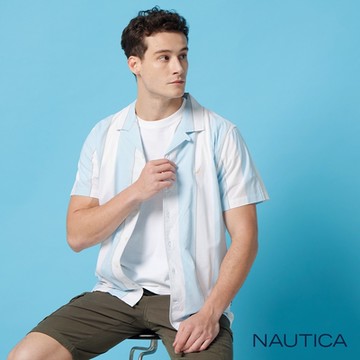 Nautica 男裝 直條紋清新短袖襯衫-藍白色